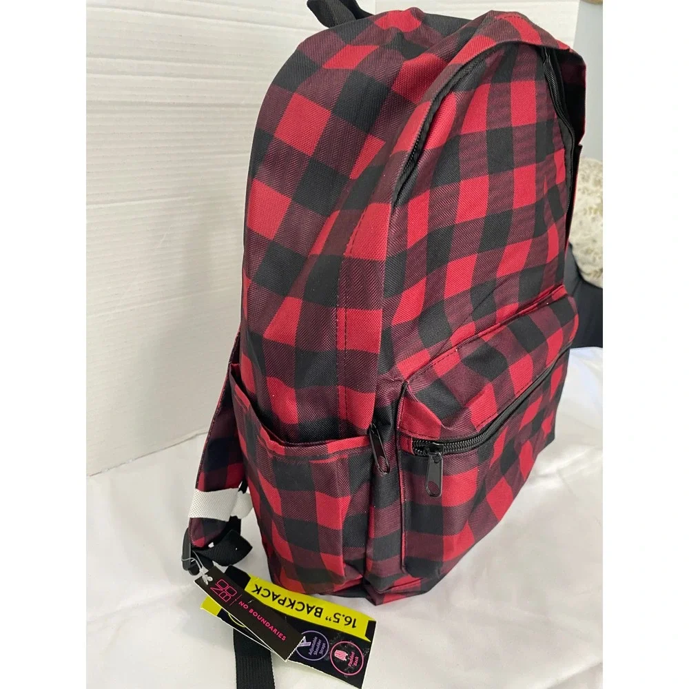 No Boundaries Backpack Unisex One Size Red Black Buffalo Plaid Laptop Sleeve 16.